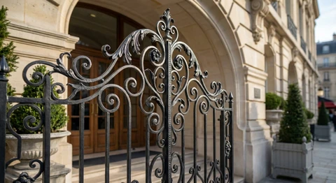 Gros plan d'un portail ou grille en fer forgé d'art complexement ouvragé, aux volutes élégantes et finitions raffinées, installé à l'entrée d'une façade institutionnelle ou hôtel de luxe, mettant en évidence la maîtrise artisanale du travail du fer et son intégration architecturale prestigieuse.