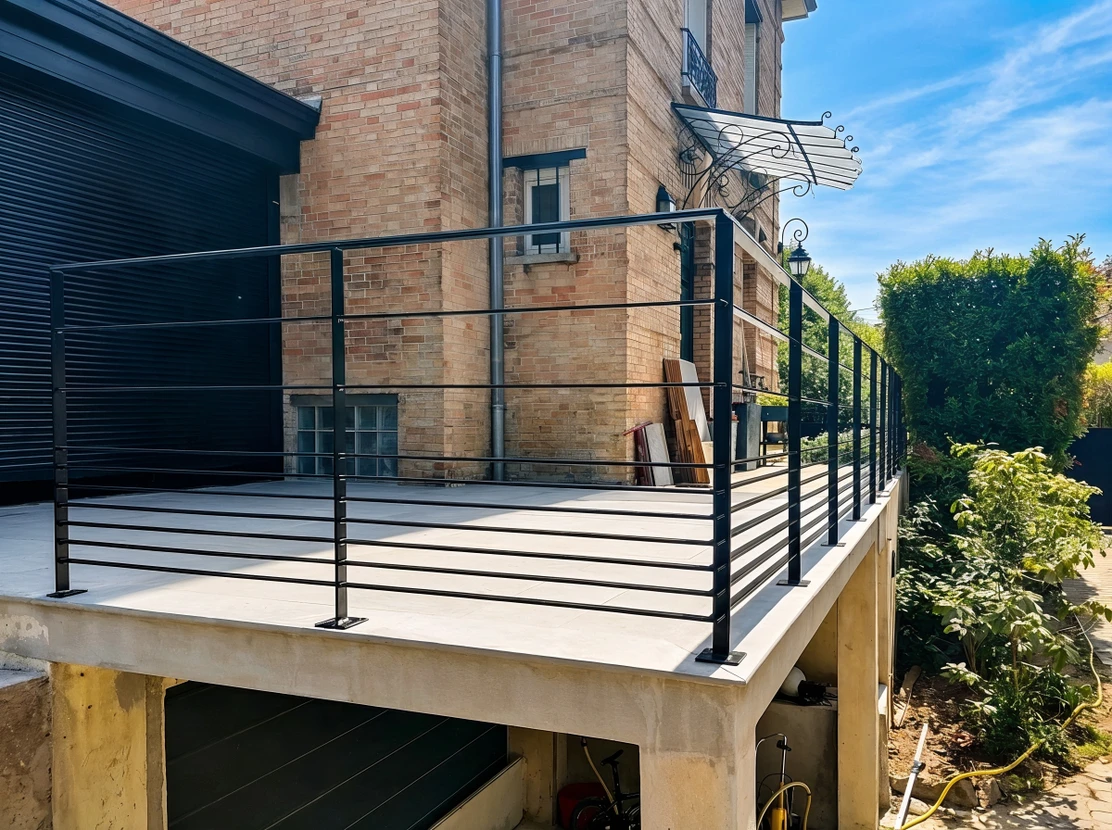 Portail résidentiel en fer forgé noir avec ornements décoratifs, piliers en briques beiges, clôture assortie