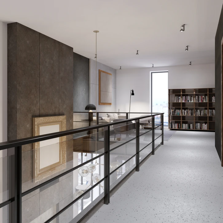 Mezzanine contemporaine avec garde-corps métallique noir et verre